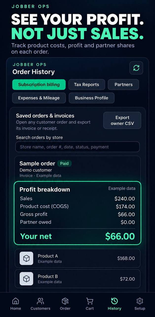 Jobber Ops Profit breakdown screenshot; private details hidden or replaced